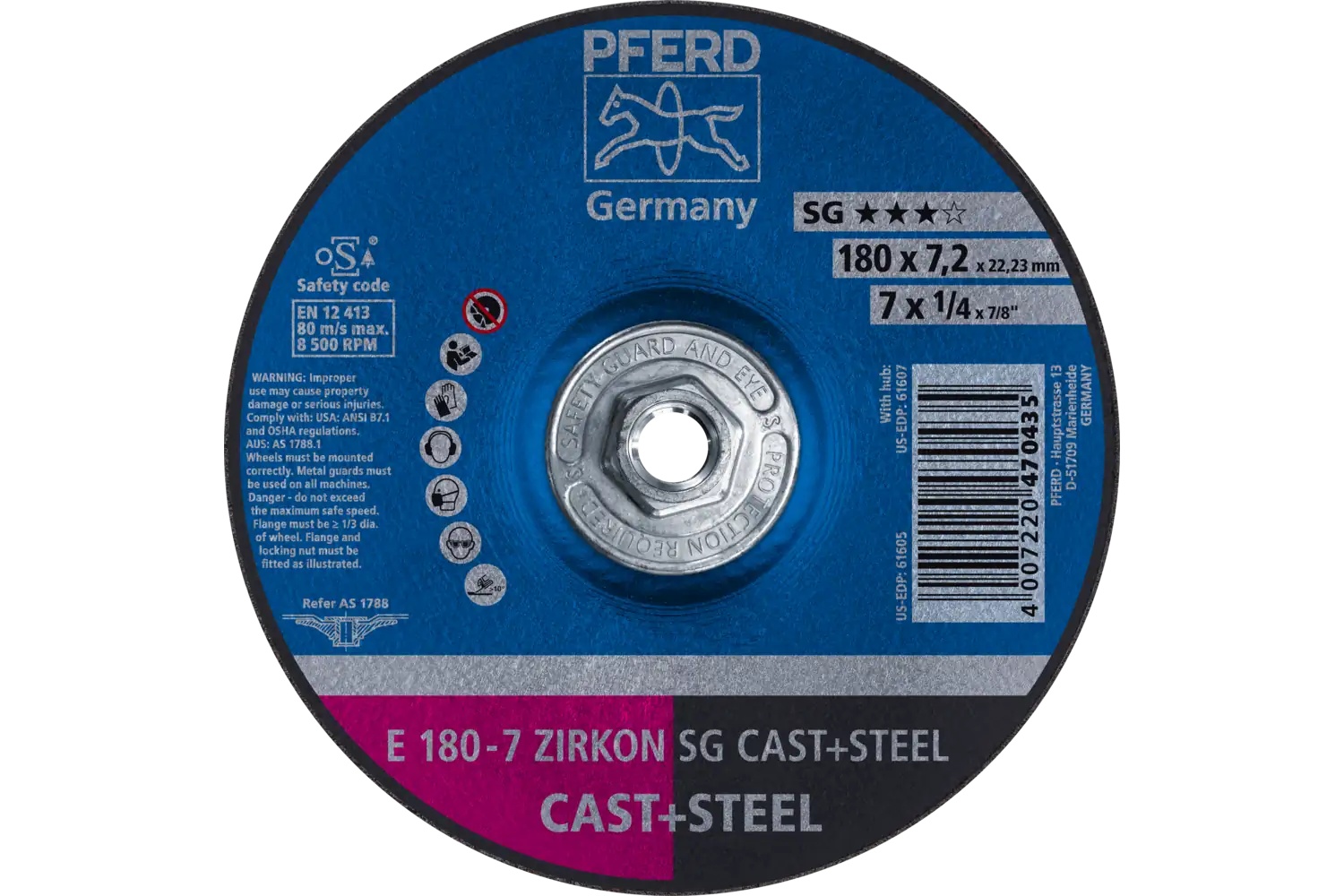 Picture of Pferd Grinding Wheel, 7" X 1/4 X 5/8-11, Zircon Sg Cast+Steel, T27, Za, Ao